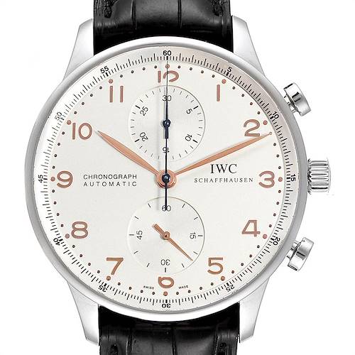 The image shows a frontal view of the IWC Portuguese IW371401 Men's Stainless Steel Silver Dial IW371401 Men's Stainless Steel Silver Dial Chronograph watch, highlighting its dial, subdials, and crown.