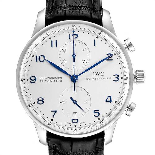 The image shows the front view of an IWC Portuguese IW371446 Men's Stainless Steel Silver Dial IW371446 Men's Stainless Steel Silver Dial chronograph watch with a white dial, blue hands, and black leather strap.