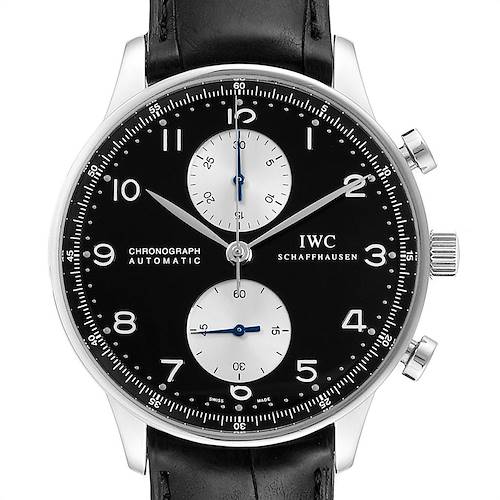 The image shows the dial and crown of an IWC Portuguese IW371404 Men's Stainless Steel Black Dial IW371404 Men's Stainless Steel Black Dial Chronograph Automatic watch, displaying its face and side buttons.