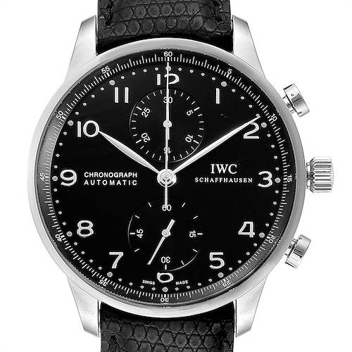 The image shows a frontal view of the IWC Portuguese IW371438 Men's Stainless Steel Black Dial IW371438 Men's Stainless Steel Black Dial chronograph watch with a black dial and leather strap.