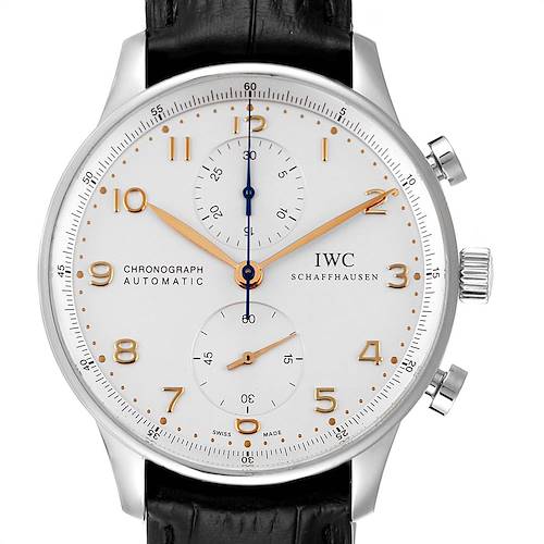 The image shows a frontal view of the IWC Portuguese IW371445 Men's Stainless Steel Silver Dial IW371445 Men's Stainless Steel Silver Dial Chronograph Automatic watch, highlighting its dial, crown, and pushers.