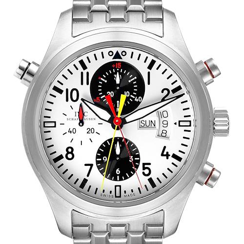 The image shows the front of an IWC Pilot IW371803 Men's Stainless Steel White Dial IW371803 Men's Stainless Steel White Dial model watch, highlighting the dial, chronograph sub-dials, and stainless steel bracelet.