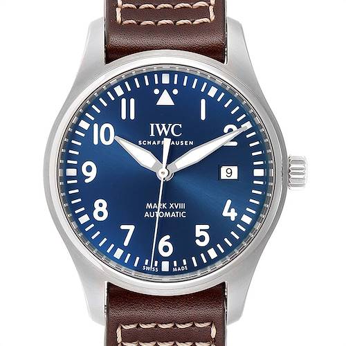 The IWC Pilot IW327004 Men's Stainless Steel Blue Dial IW327004 Men's Stainless Steel Blue Dial Mark XVIII watch is shown from a front angle, displaying the dial, hands, crown, and leather strap.