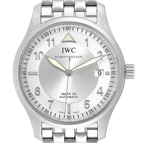 The image shows a front view of the IWC Pilot IW325505 Men's Stainless Steel Silver Dial IW325505 Men's Stainless Steel Silver Dial's Watch Mark XV, including the face, bezel, crown, and part of the bracelet.