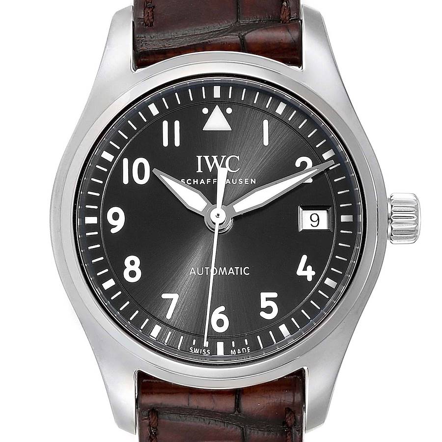 This image shows the full face of an IWC Pilot 5524G Men's Stainless Steel Grey Dial 5524G Men's Stainless Steel Grey Dial model watch, displaying its dial, hands, crown, and part of its leather strap.