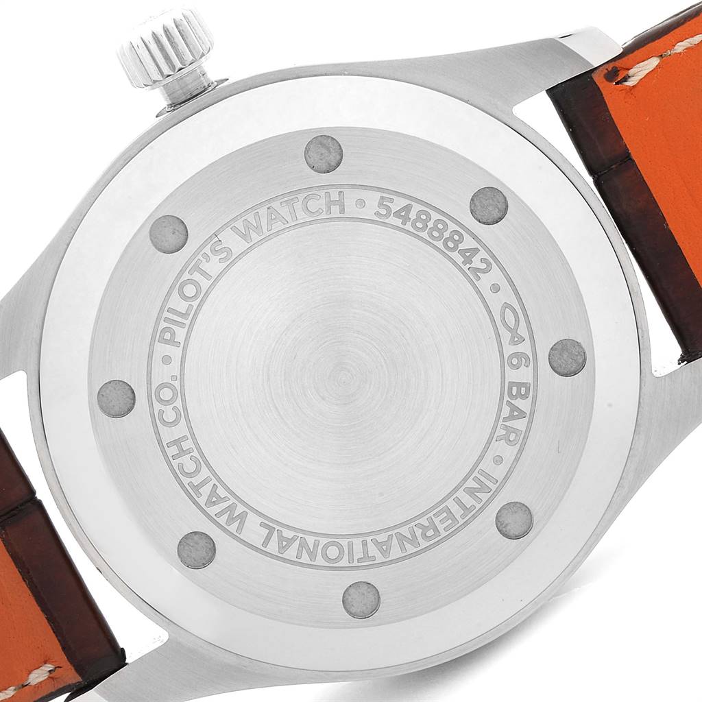 The image shows the back case and crown of an IWC Pilot 5524G Men's Stainless Steel Grey Dial 5524G Men's Stainless Steel Grey Dial model watch.