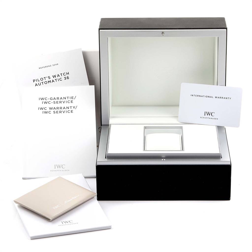 The image shows the open box and accompanying documents for the IWC Pilot 5524G Men's Stainless Steel Grey Dial 5524G Men's Stainless Steel Grey Dial's Watch model.