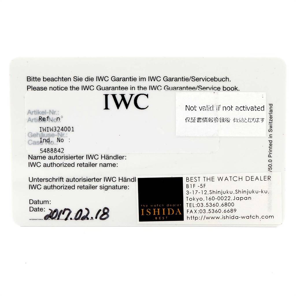 The image shows a warranty card for the IWC Pilot 5524G Men's Stainless Steel Grey Dial 5524G Men's Stainless Steel Grey Dial model watch, including details like the serial number and dealer information.