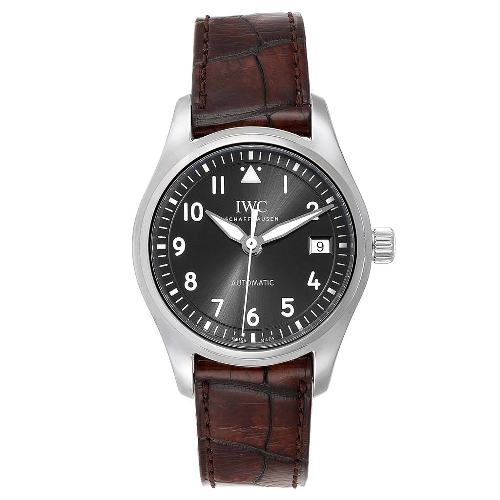 This is a front view of the IWC Pilot 5524G Men's Stainless Steel Grey Dial 5524G Men's Stainless Steel Grey Dial model watch, showcasing the dial, bezel, crown, and leather strap.