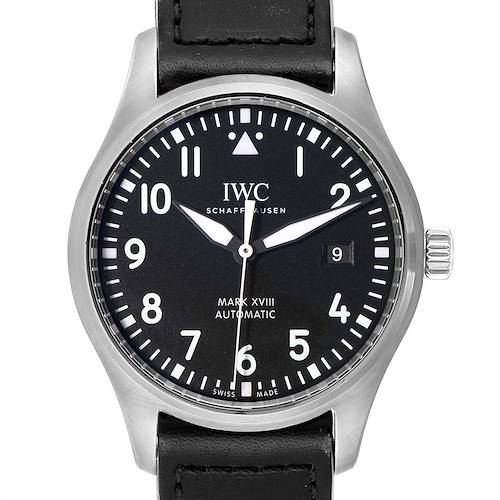 This is a front view of the IWC Pilot IW327001 Men's Stainless Steel Black Dial IW327001 Men's Stainless Steel Black Dial Mark XVIII Automatic watch, showing the dial, hands, crown, and part of the black leather strap.