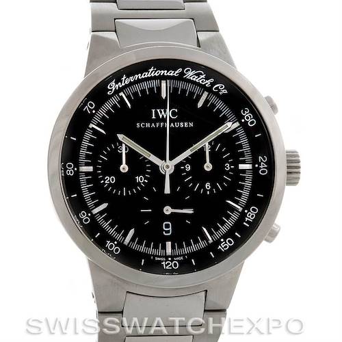 The image shows a frontal view of a vintage IWC Schaffhausen watch, clearly displaying the dial, hands, and date window.