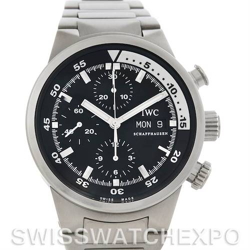 The image shows the front view of an IWC Aquatimer IW371928 Men's Stainless Steel Black Dial IW371928 Men's Stainless Steel Black Dial watch with a stainless steel band and a black dial featuring multiple sub-dials.