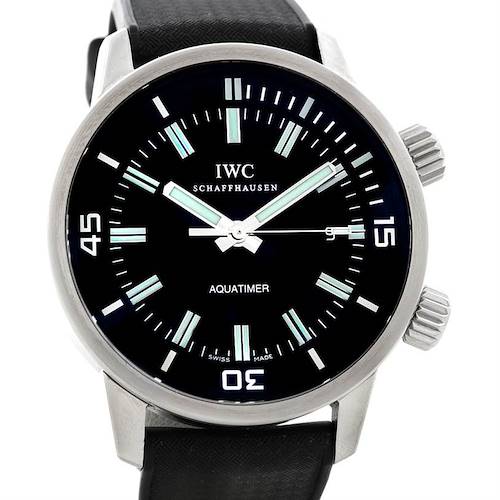 This image shows a front view of the IWC Aquatimer IW3231-01 Men's Stainless Steel Black Dial IW3231-01 Men's Stainless Steel Black Dial watch, highlighting the dial, hands, and strap.