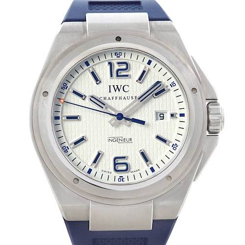 The image shows the front view of the IWC Ingenieur IW323608 Men's Stainless Steel White Dial IW323608 Men's Stainless Steel White Dial watch, detailing its dial, hands, date window, and part of the strap.