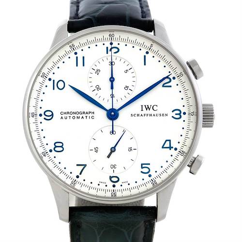 The image shows a front view of the IWC Portuguese IW371417 Men's Stainless Steel Silver Dial IW371417 Men's Stainless Steel Silver Dial model watch with its face, hands, sub-dials, and strap partly visible.