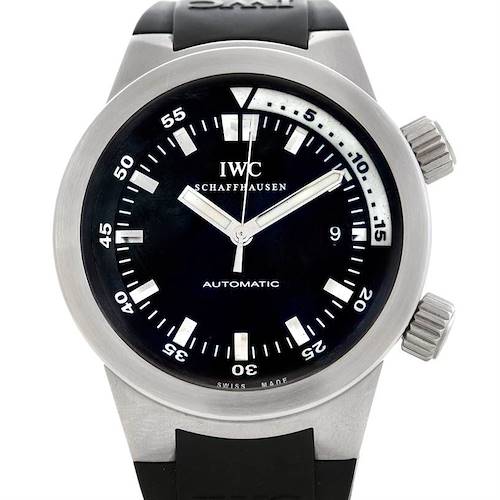 The image shows a front view of the IWC Aquatimer IW354807 Men's Stainless Steel Black Dial IW354807 Men's Stainless Steel Black Dial watch, highlighting the dial, hands, bezel, and crown.