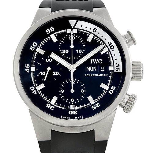The image shows a front view of the IWC Aquatimer IW371933 Men's Stainless Steel Black Dial IW371933 Men's Stainless Steel Black Dial watch, highlighting its dial, hands, subdials, and crown.