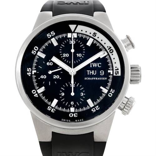 The image shows a front view of the IWC Aquatimer IW371933 Men's Stainless Steel Black Dial IW371933 Men's Stainless Steel Black Dial watch, featuring a black dial, chronograph functions, and date display.