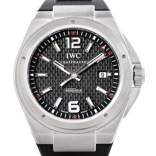 The image shows a front view of the IWC Ingenieur IW323601 Men's Stainless Steel Black Dial IW323601 Men's Stainless Steel Black Dial watch displaying its dial, bezel, and crown.