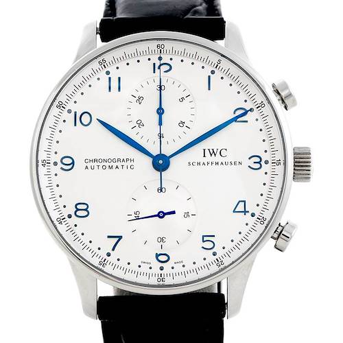 The image shows a front view of the IWC Portuguese IW371417 Men's Stainless Steel Silver Dial IW371417 Men's Stainless Steel Silver Dial Chronograph Automatic watch, featuring its face, dials, and crown.