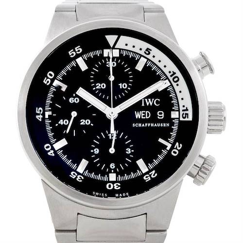 This is a front view of the IWC Aquatimer IW371928 Men's Stainless Steel Black Dial IW371928 Men's Stainless Steel Black Dial watch, showcasing the face, dials, and metal bracelet.