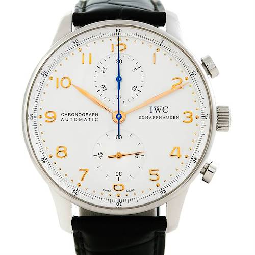 This image shows a front view of the IWC Portuguese IW371445 Men's Stainless Steel Silver Dial IW371445 Men's Stainless Steel Silver Dial chronograph watch, displaying the dial, hands, and pushers.