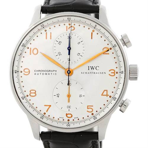 This image shows a front view of an IWC Portuguese IW371445 Men's Stainless Steel Silver Dial IW371445 Men's Stainless Steel Silver Dial Chronograph Automatic watch with a black leather strap.