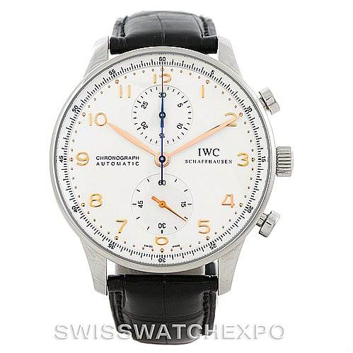 This image shows a front view of an IWC Portuguese IW371401 Men's Stainless Steel Silver Dial IW371401 Men's Stainless Steel Silver Dial Chronograph watch with a black leather strap.