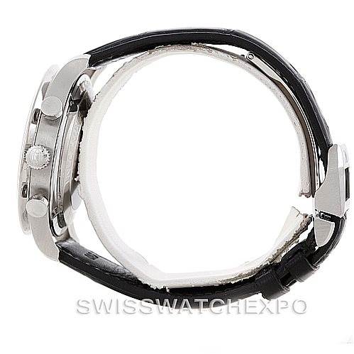 This image shows the side view of an IWC Portuguese IW371401 Men's Stainless Steel Silver Dial IW371401 Men's Stainless Steel Silver Dial watch, featuring the crown, pushers, and black leather strap.