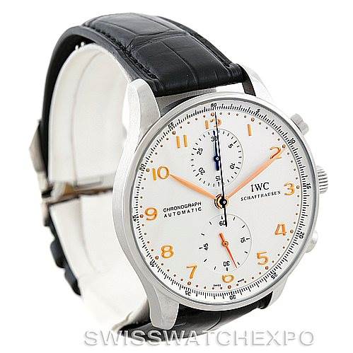This image shows a front-angle view of an IWC Portuguese IW371401 Men's Stainless Steel Silver Dial IW371401 Men's Stainless Steel Silver Dial model watch with a black leather strap and a white dial.