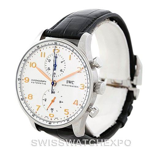 This IWC Portuguese IW371401 Men's Stainless Steel Silver Dial IW371401 Men's Stainless Steel Silver Dial model is shown at an angle highlighting the face, bezel, pushers, leather strap, and buckle.