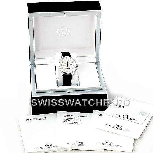The image shows the IWC Portuguese IW371401 Men's Stainless Steel Silver Dial IW371401 Men's Stainless Steel Silver Dial model watch in its display box, accompanied by several booklets and documents.