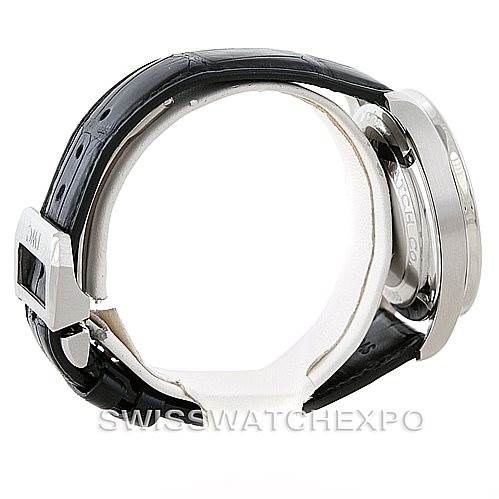 This image shows a side view of the IWC Portuguese IW371401 Men's Stainless Steel Silver Dial IW371401 Men's Stainless Steel Silver Dial model watch, highlighting the case and black leather strap.