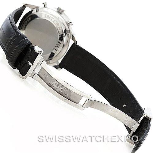 The image shows the back and clasp of an IWC Portuguese IW371401 Men's Stainless Steel Silver Dial IW371401 Men's Stainless Steel Silver Dial model watch, highlighting the leather strap and stainless steel deployant clasp.