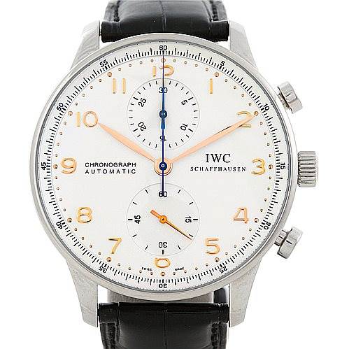 The image shows a front view of an IWC Portuguese IW371401 Men's Stainless Steel Silver Dial IW371401 Men's Stainless Steel Silver Dial Chronograph Automatic watch, displaying the dial, hands, subdials, and crown.
