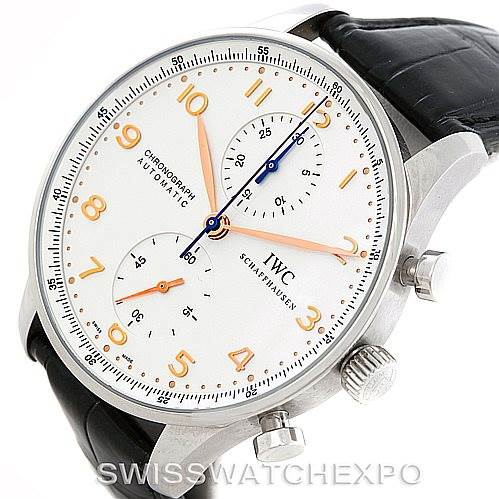 The image shows a frontal view of the IWC Portuguese IW371401 Men's Stainless Steel Silver Dial IW371401 Men's Stainless Steel Silver Dial Chronograph, highlighting its dial, two subdials, and crown.