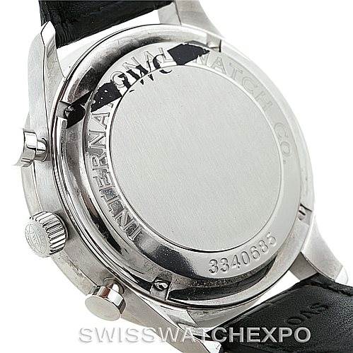 The image shows the back case of the IWC Portuguese IW371401 Men's Stainless Steel Silver Dial IW371401 Men's Stainless Steel Silver Dial watch, including the crown, pushers, and part of the leather strap.