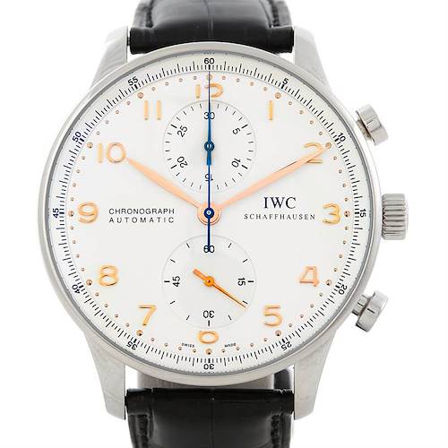 The image shows a front view of the IWC Portuguese IW371401 Men's Stainless Steel Silver Dial IW371401 Men's Stainless Steel Silver Dial Chronograph Automatic watch, displaying the dial, hands, and subdials.