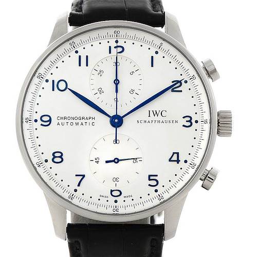 This image shows the front view of an IWC Portuguese IW371446 Men's Stainless Steel Silver Dial IW371446 Men's Stainless Steel Silver Dial Chronograph watch, featuring the dial, hands, subdials, crown, and part of the strap.