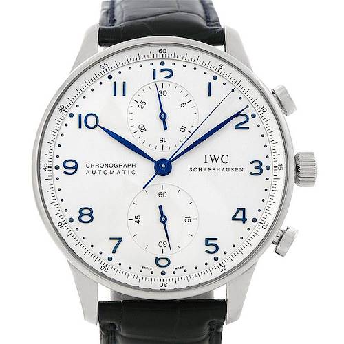 The IWC Portuguese IW371417 Men's Stainless Steel Silver Dial IW371417 Men's Stainless Steel Silver Dial model watch is shown from a front angle, displaying the dial, crown, pushers, and leather strap.