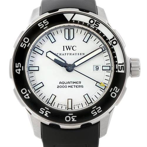 The image shows a front view of the IWC Aquatimer IW356805 Men's Stainless Steel White Dial IW356805 Men's Stainless Steel White Dial watch, displaying its dial, bezel, and part of the strap.