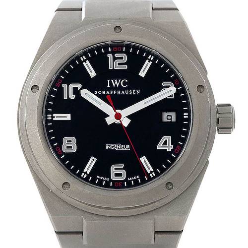 The IWC Ingenieur IW322703 Men's Titanium Black Dial IW322703 Men's Titanium Black Dial watch is shown from a front angle displaying its dial, hands, and bezel.