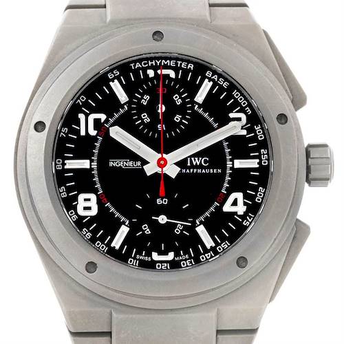 This image shows a front angle view of an IWC Ingenieur IW372503 Men's Titanium Black Dial IW372503 Men's Titanium Black Dial watch, highlighting the dial, hands, and tachymeter scale.