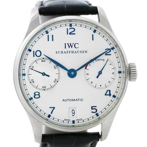 The IWC Portuguese IW500107 Men's Stainless Steel Silver Dial IW500107 Men's Stainless Steel Silver Dial model is shown from the front, displaying its dial, hands, subdials, and date window.