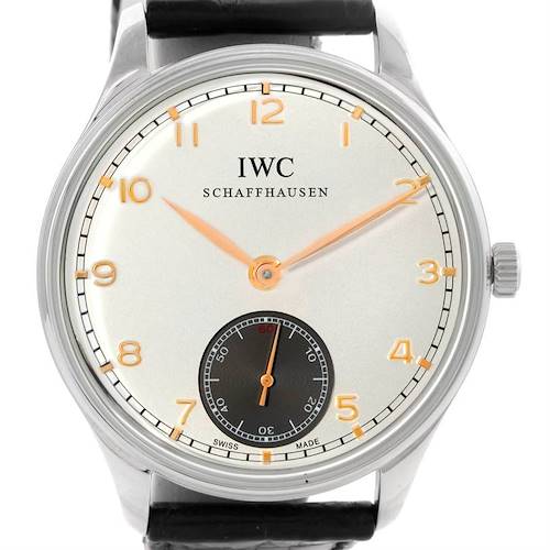 This IWC Portuguese IW545405 Men's Stainless Steel Silver Dial IW545405 Men's Stainless Steel Silver Dial model watch is shown from a front angle, highlighting its face, hands, and strap attachment.