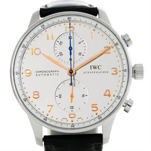 This IWC Portuguese IW371445 Men's Stainless Steel Silver Dial IW371445 Men's Stainless Steel Silver Dial model watch is shown from a front angle, displaying the dial, chronograph subdials, and pushers.