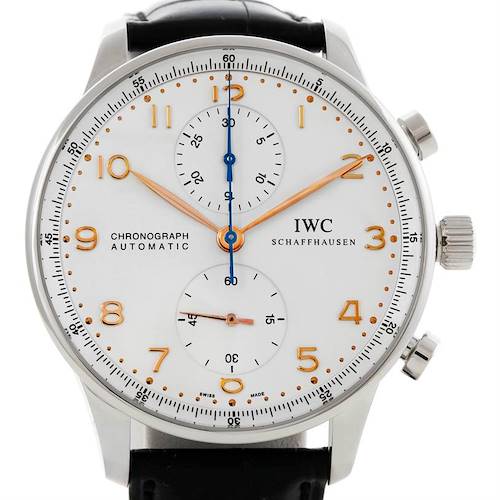The image shows a front angle of an IWC Portuguese IW371445 Men's Stainless Steel Silver Dial IW371445 Men's Stainless Steel Silver Dial Chronograph, highlighting its face, hands, subdials, and crown.