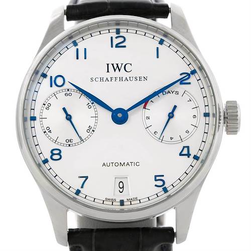 The image shows a front view of the IWC Portuguese IW500107 Men's Stainless Steel Silver Dial IW500107 Men's Stainless Steel Silver Dial Automatic watch displaying its face, hands, subdials, and date window.