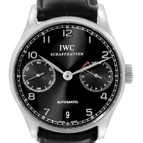 This image shows a front view of the IWC Portuguese IW500109 Men's Stainless Steel Black Dial IW500109 Men's Stainless Steel Black Dial model watch, displaying its dial, hands, and logo.