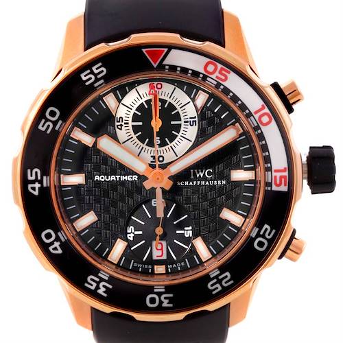 The image shows a front view of the IWC Aquatimer IW376903 Men's Rose Gold Black Dial IW376903 Men's Rose Gold Black Dial watch, highlighting the dial, bezel, and chronograph subdials.